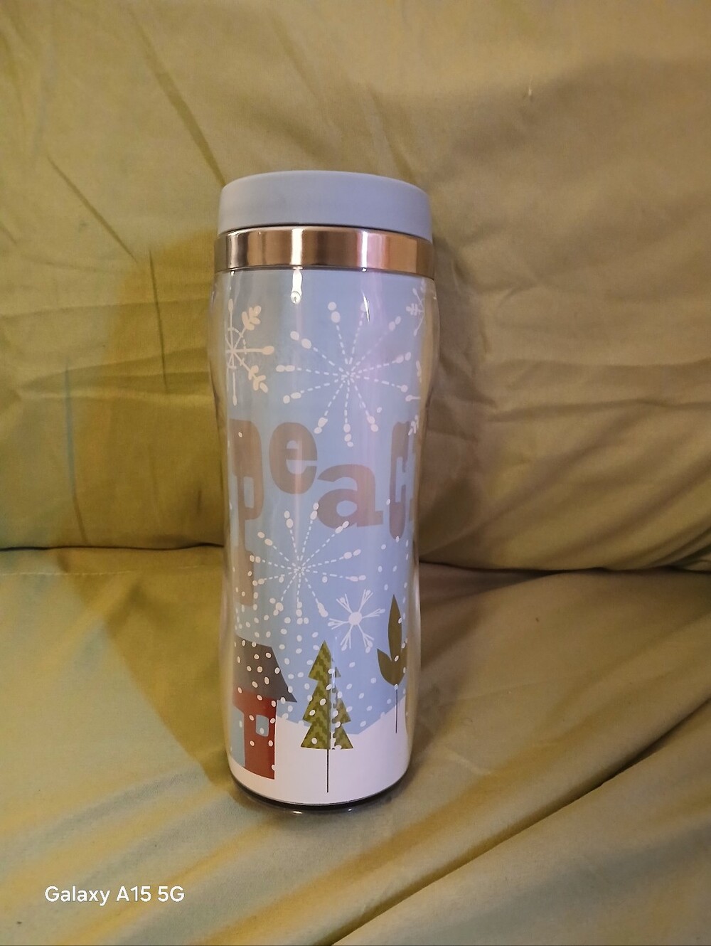 Kohl's Holiday "Peace"Snowflake Insulated 16oz Travel Tumbler Light Blue 050726A